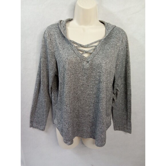 Absolutely Famous Tops - Absolutely Famous XL Hooded Long‎ Sleeve Top Gray V-neckline Criss-cross